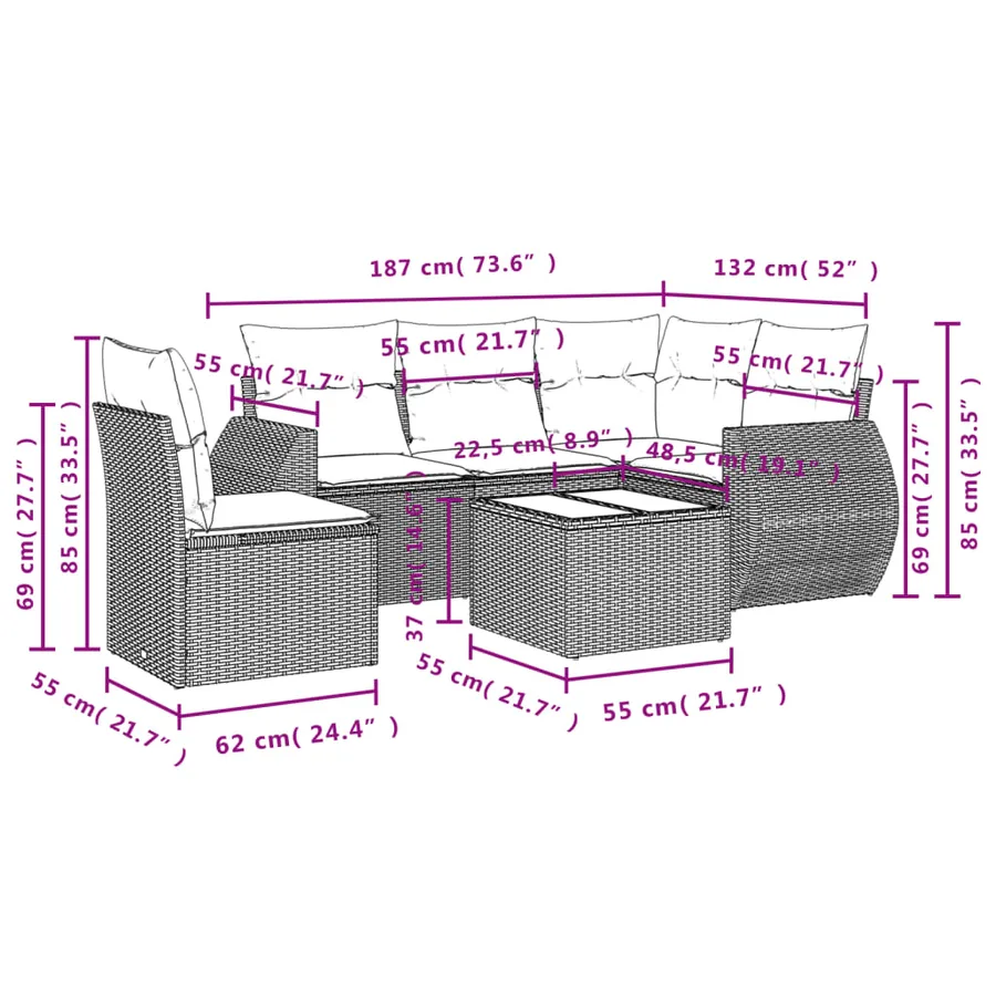 Salon de jardin 6 pcs avec coussins noir résine tressée - 8