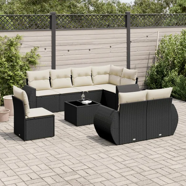 Salon de jardin 9 pcs avec coussins noir résine tressée