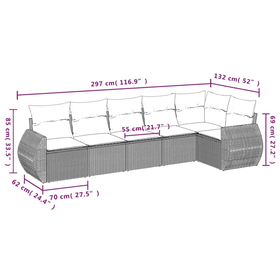 Salon de jardin 6 pcs avec coussins gris résine tressée - 7
