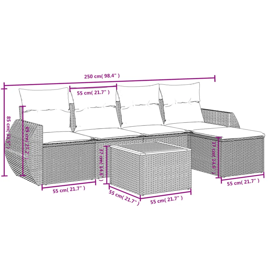 Salon de jardin 6 pcs avec coussins gris résine tressée - 3