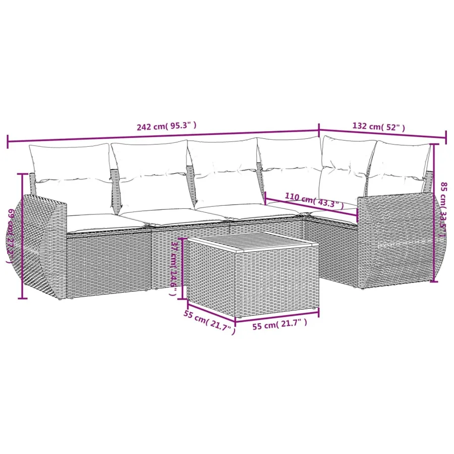 Salon de jardin 6 pcs avec coussins gris résine tressée - 8