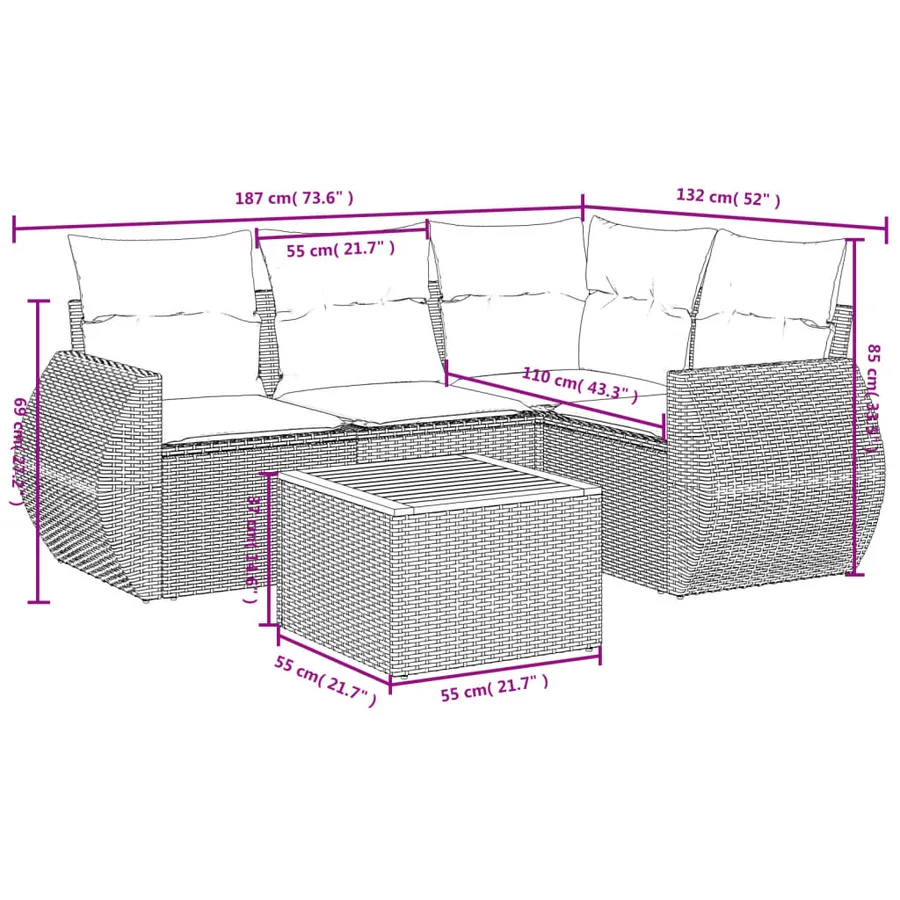 Salon de jardin 5 pcs avec coussins gris résine tressée - 8