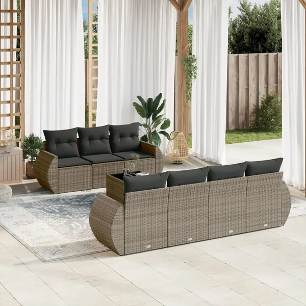 Salon de jardin 8 pcs avec coussins gris résine tressée