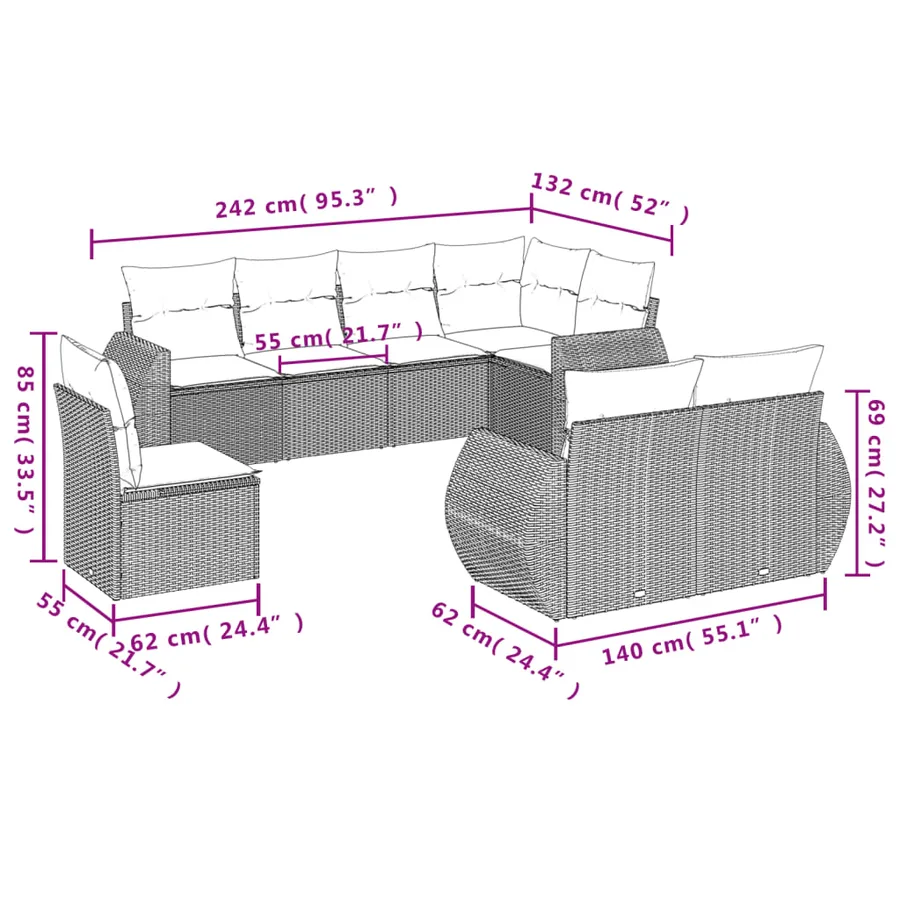 Salon de jardin 8 pcs avec coussins gris résine tressée - 7