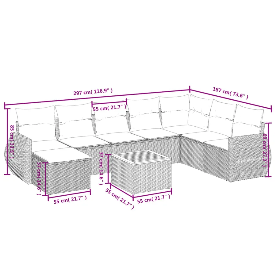Salon de jardin avec coussins 9 pcs beige résine tressée - 3