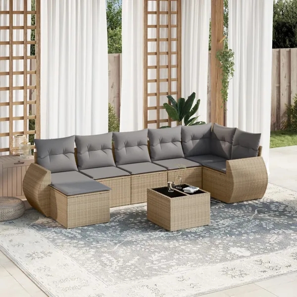 Salon de jardin avec coussins 8 pcs beige résine tressée