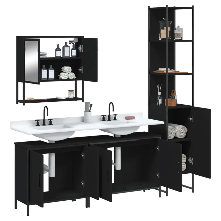 Ensemble de meubles salle de bain 4 pcs noir bois d'ingénierie - 4
