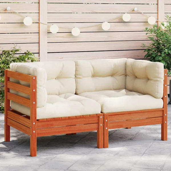 Canapé d'angle de jardin coussins 2 pcs cire marron pin massif