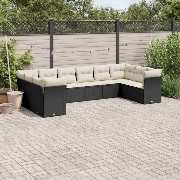Salon de jardin 10 pcs avec coussins noir résine tressée