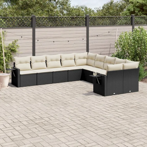 Salon de jardin 10 pcs avec coussins noir résine tressée