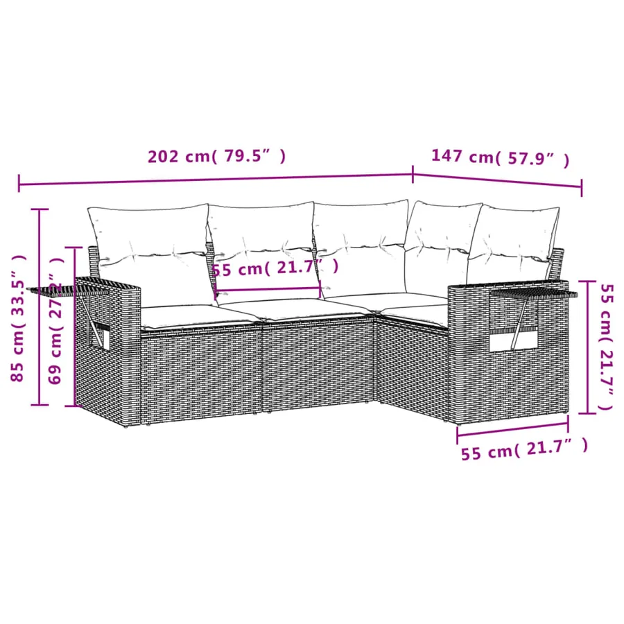 Salon de jardin 4 pcs avec coussins gris résine tressée - 3