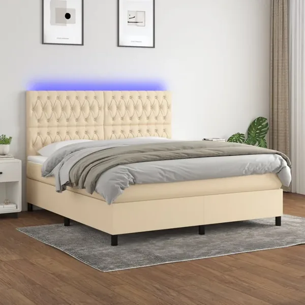 Sommier à lattes de lit et matelas et LED Crème 180x200cm Tissu