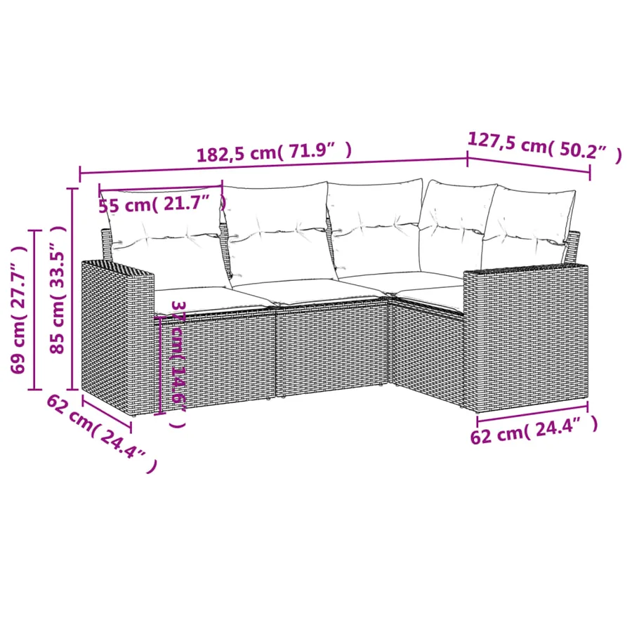 Salon de jardin 4 pcs avec coussins gris résine tressée - 3
