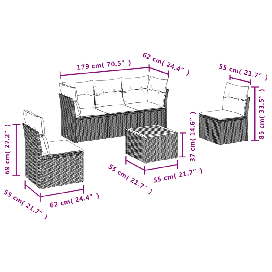 Salon de jardin 6 pcs avec coussins noir résine tressée - 10