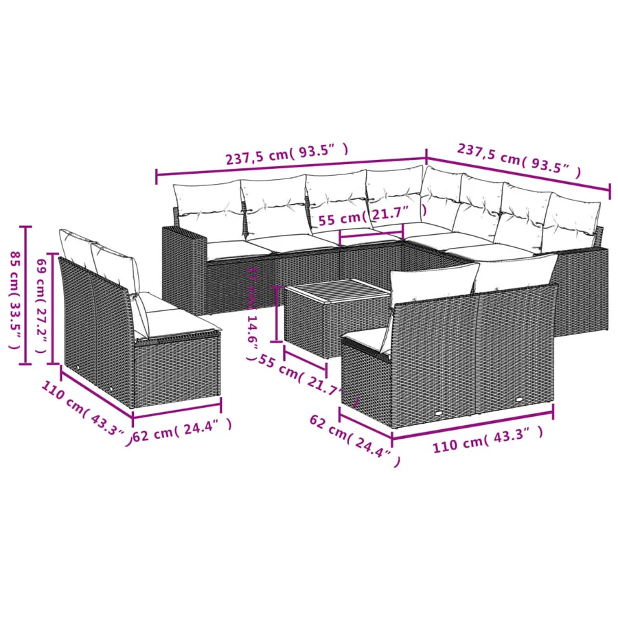 Salon de jardin 12 pcs avec coussins noir résine tressée - 11