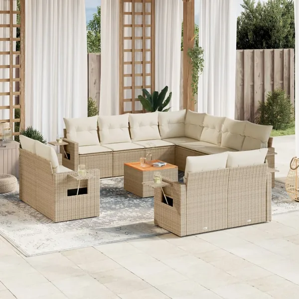 Salon de jardin avec coussins 12 pcs beige résine tressée
