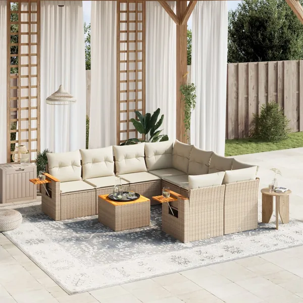 Salon de jardin avec coussins 9 pcs beige résine tressée