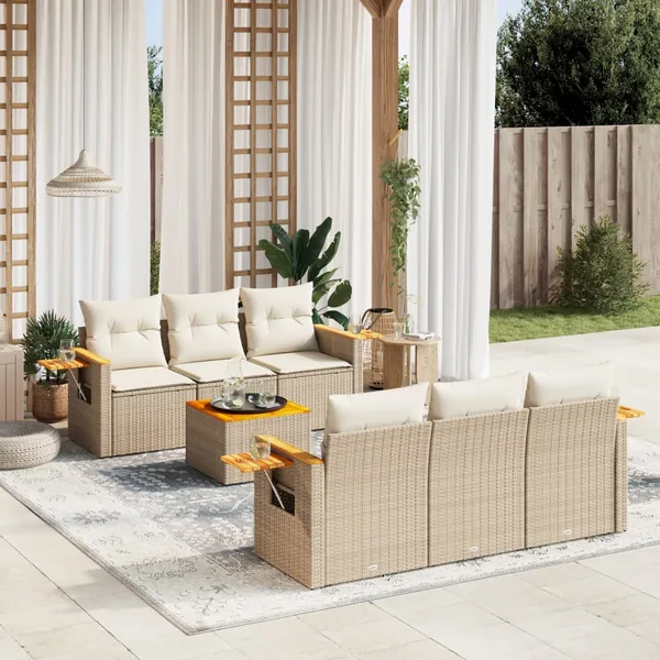 Salon de jardin avec coussins 7 pcs beige résine tressée