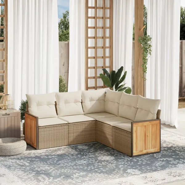 Salon de jardin avec coussins 5 pcs beige résine tressée