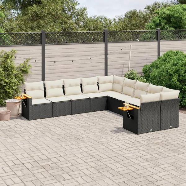 Salon de jardin 10 pcs avec coussins noir résine tressée