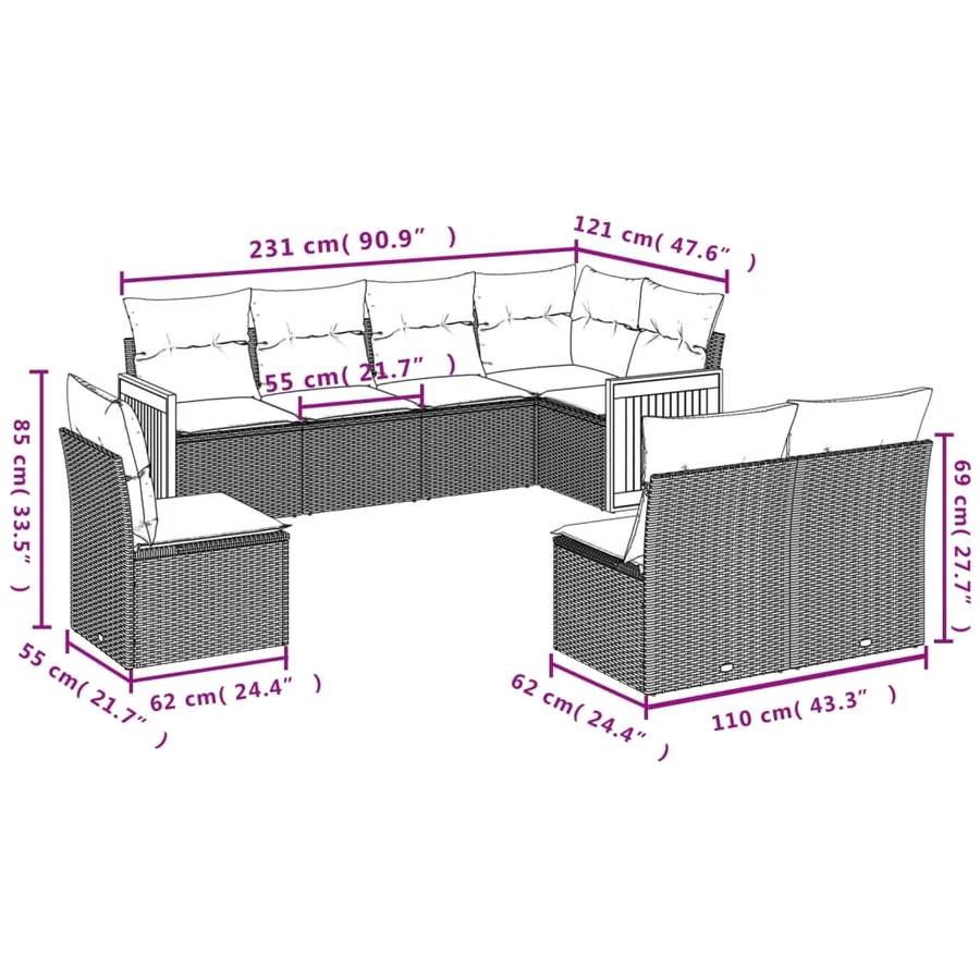 Salon de jardin 8 pcs avec coussins noir résine tressée - 3