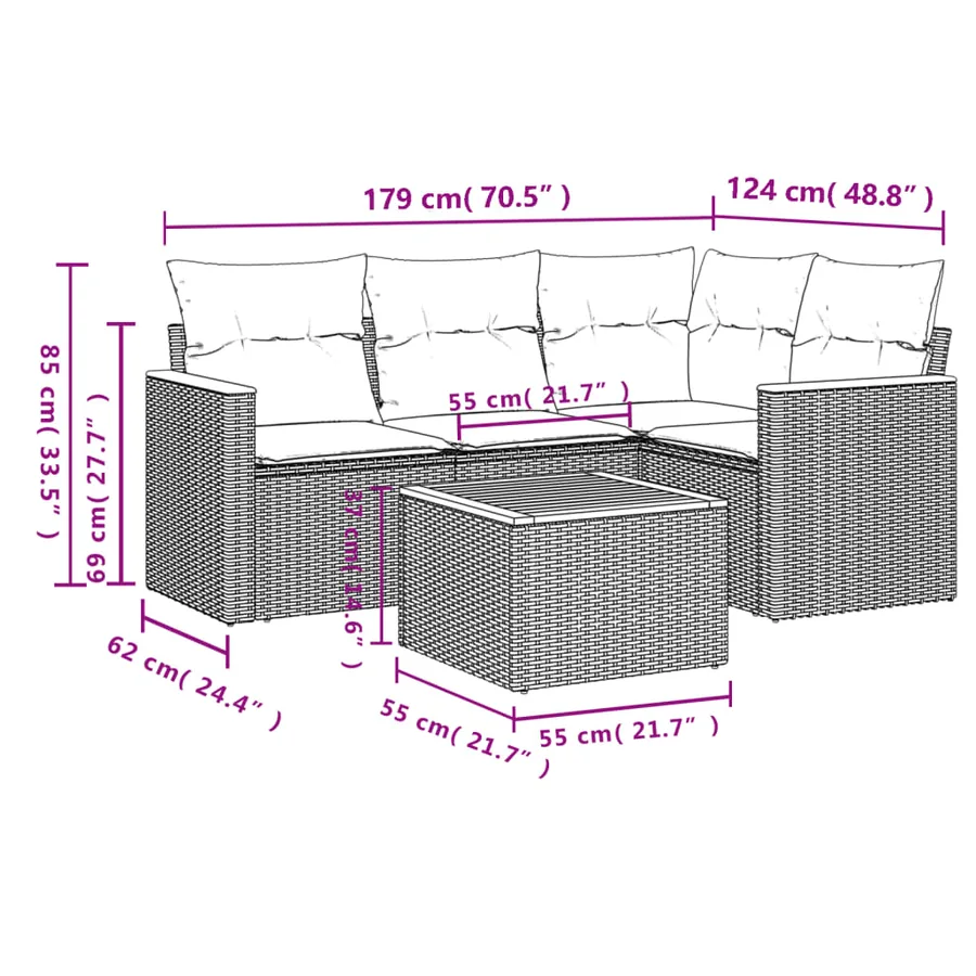 Salon de jardin 5 pcs avec coussins gris résine tressée - 3