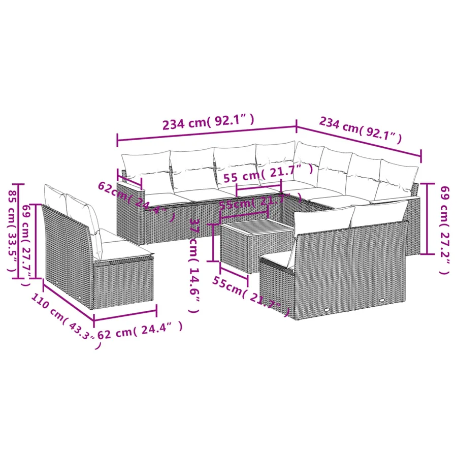 Salon de jardin 12 pcs avec coussins noir résine tressée - 3