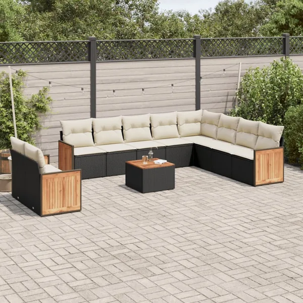 Salon de jardin 11 pcs avec coussins noir résine tressée