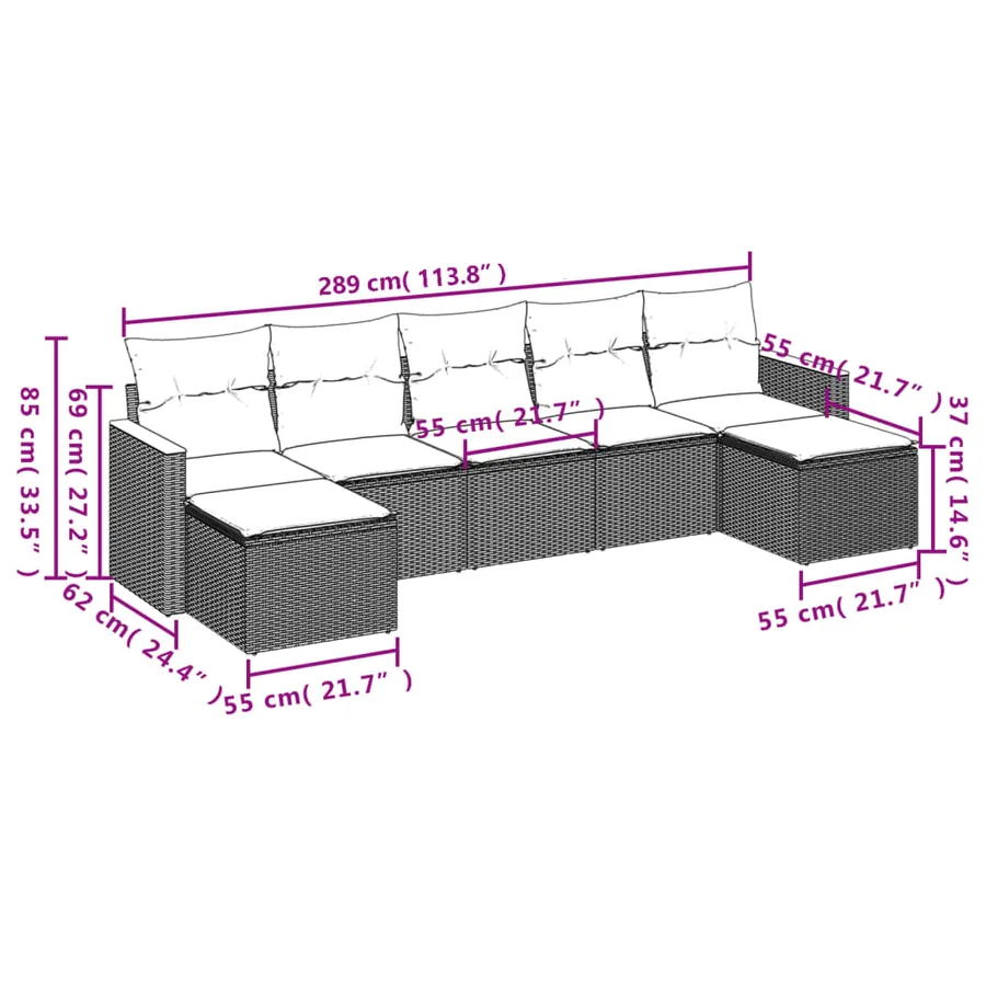 Salon de jardin 7 pcs avec coussins noir résine tressée 55 x 62 x 69 cm - 55,4 kg - 3
