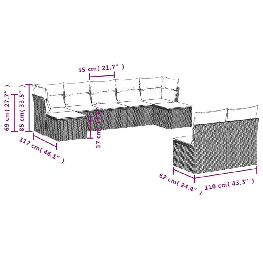 Salon de jardin avec coussins 9 pcs beige résine tressée - 3