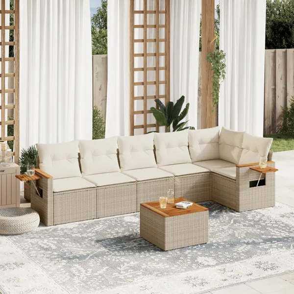 Salon de jardin avec coussins 7 pcs beige résine tressée