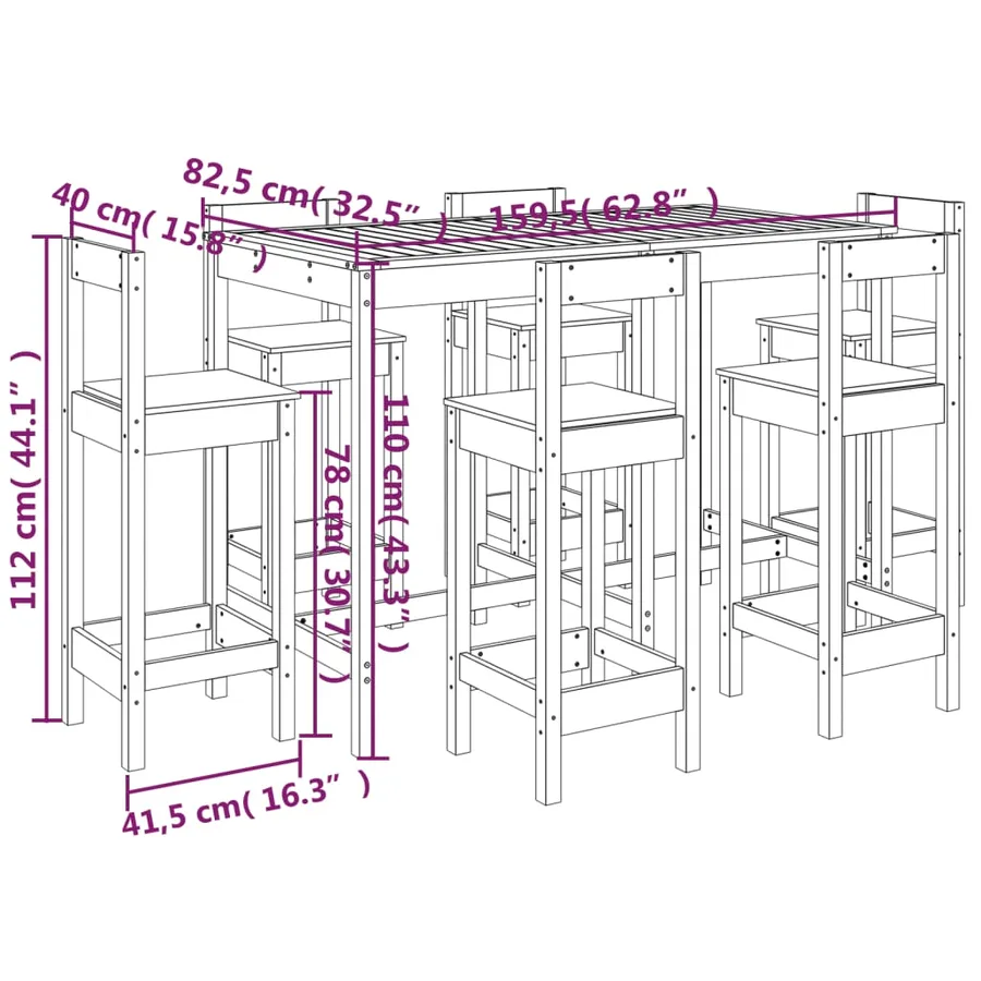 Ensemble de bar de jardin 7 pcs Bois de pin massif - 10
