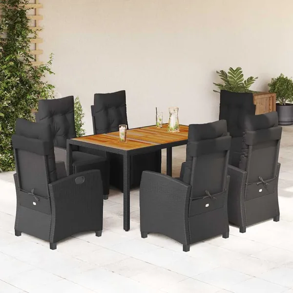 Ensemble à manger de jardin coussins 7pcs Noir Résine tressée