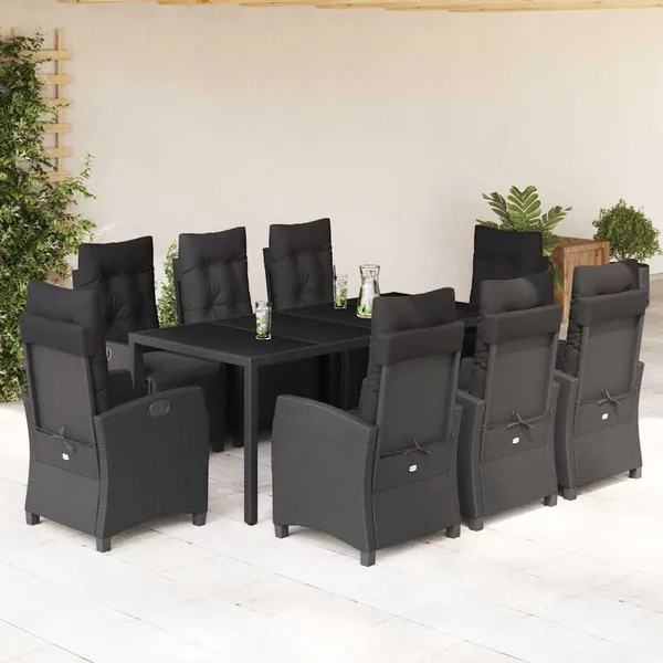 Ensemble à manger de jardin 9pcs coussins noir résine tressée