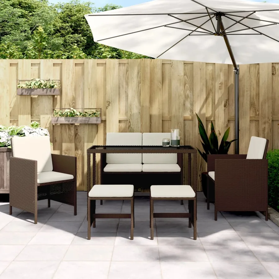 Ensemble à manger de jardin et coussins 6 pcs marron rotin