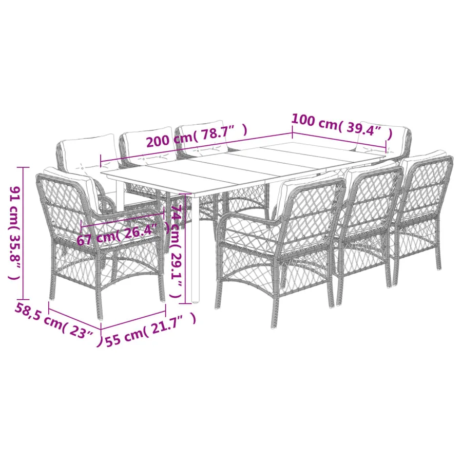 Ensemble à manger de jardin 9pcs coussins noir résine tressée - 7