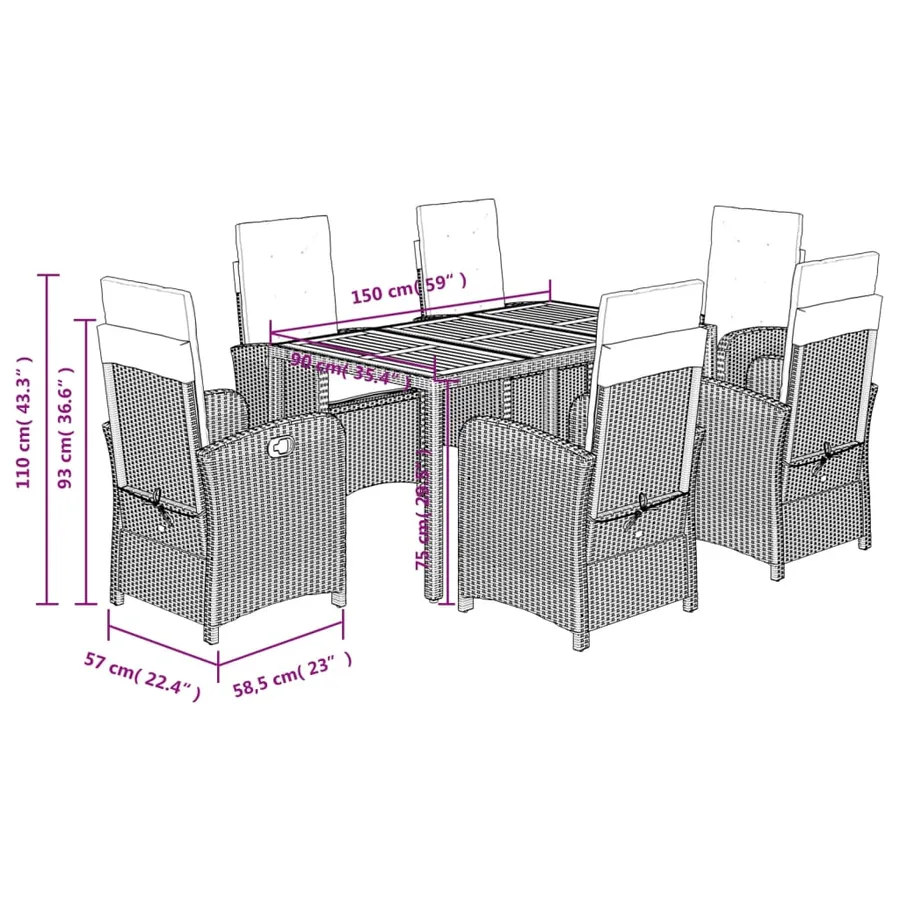 Ensemble à manger de jardin coussins 7pcs Noir Résine tressée - 9