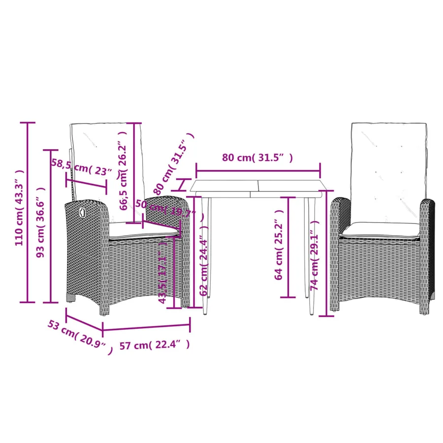 Ensemble à manger de jardin avec coussins 3 pcs Noir - 9