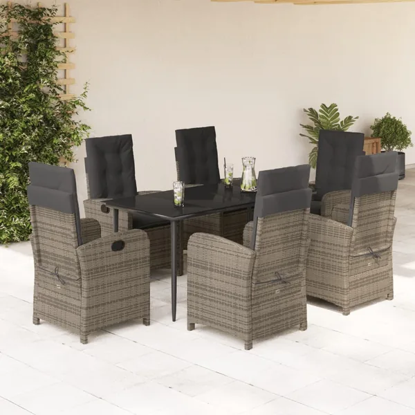 Ensemble à manger de jardin et coussins 7 pcs gris rotin