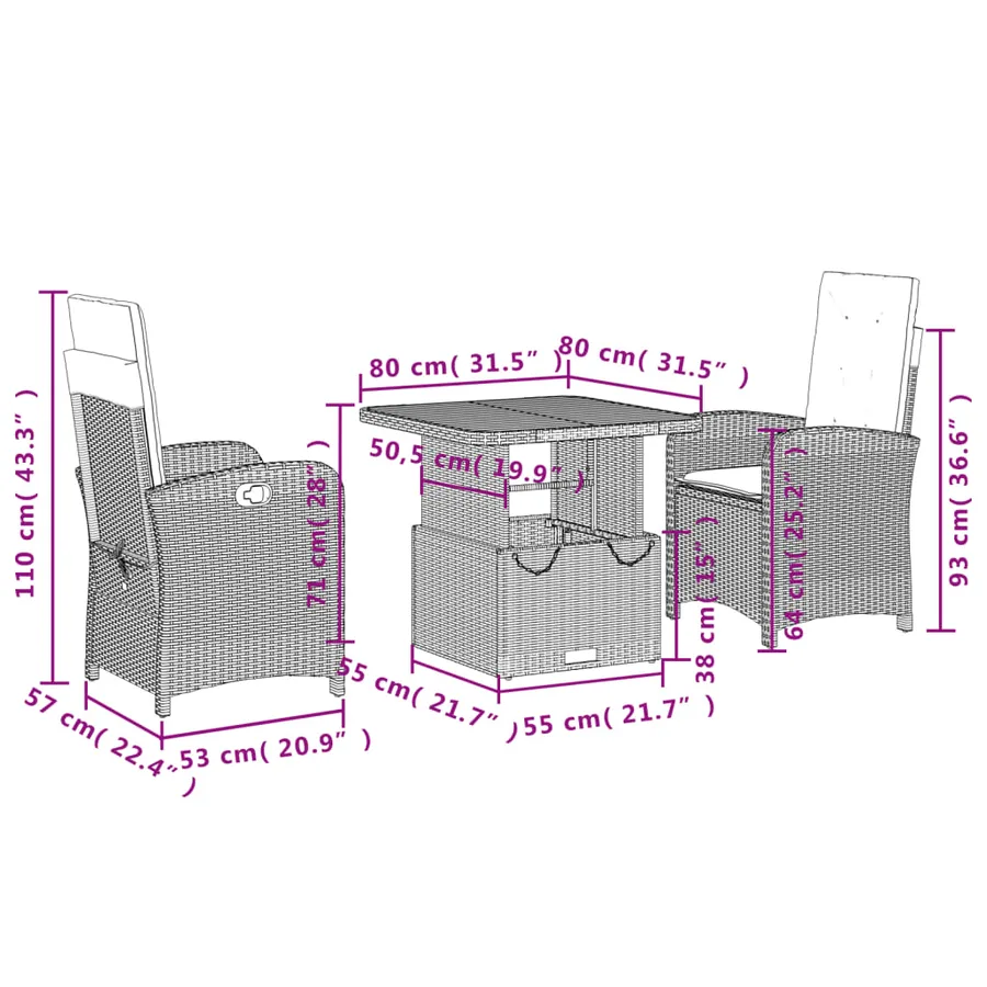 Ensemble à manger de jardin 3 pcs coussins gris résine tressée - 8