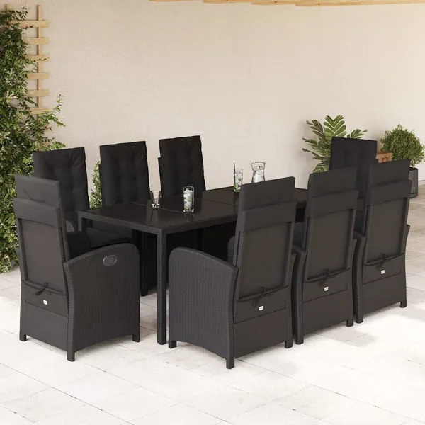 Ensemble à manger de jardin 9pcs coussins noir résine tressée
