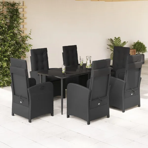 Ensemble à manger de jardin coussins 7pcs Noir Résine tressée