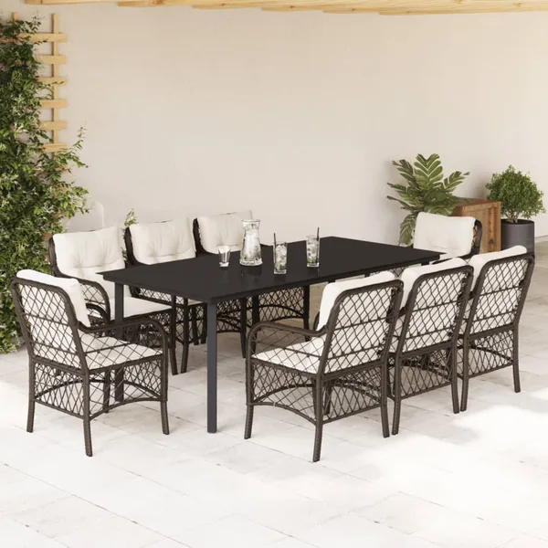 Ensemble à manger de jardin et coussins 9 pcs marron poly rotin
