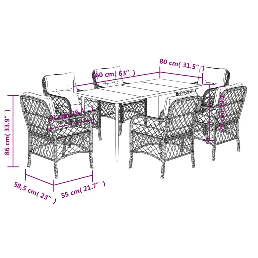 Ensemble à manger de jardin et coussins 7 pcs beige poly rotin - 7