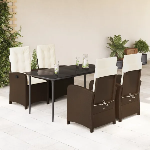 Ensemble à manger de jardin 5 pcs et coussins marron poly rotin