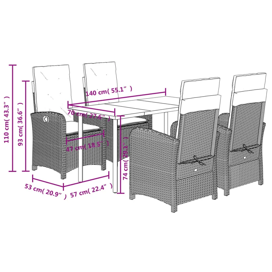 Ensemble à manger de jardin 5 pcs et coussins marron poly rotin - 9