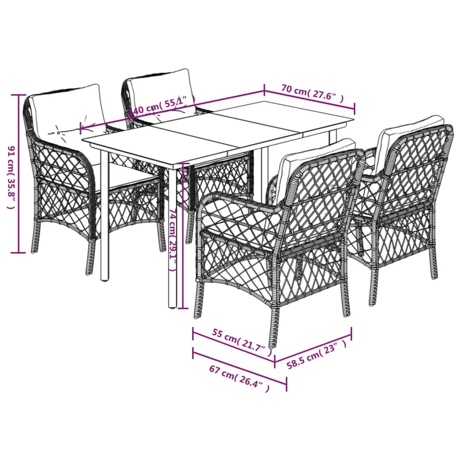 Ensemble à manger de jardin coussins 5pcs Noir Résine tressée - 7