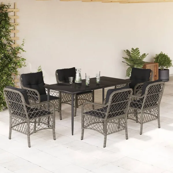 Ensemble à manger de jardin et coussins 7 pcs gris rotin