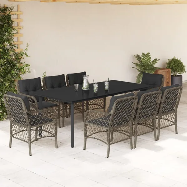 Ensemble à manger de jardin 9 pcs coussins gris résine tressée