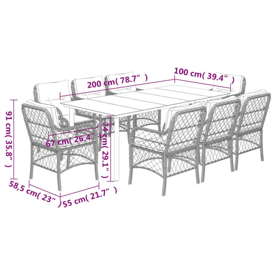 Ensemble à manger de jardin 9 pcs coussins gris résine tressée - 7